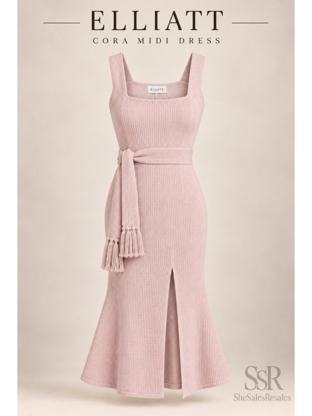 Elliatt Cora Midi Dress Dusty Pink Size M NWT Waffle Knit Tassel Belt Slit